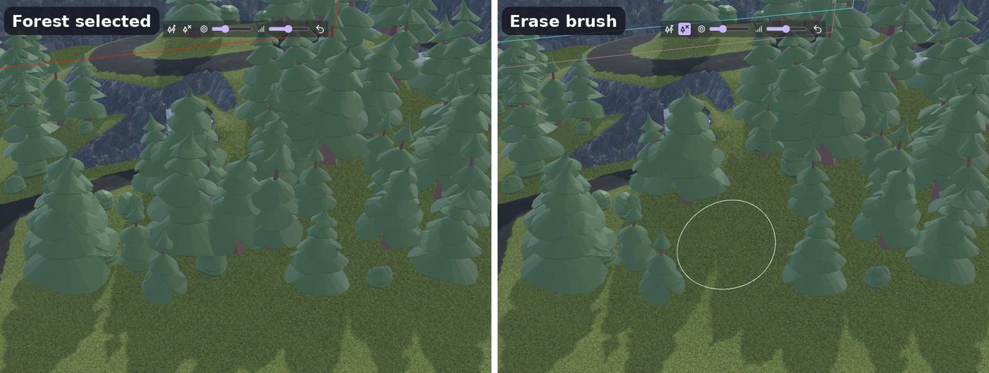 A pine forest selected, then a clearing made with the "Erase copies" brush